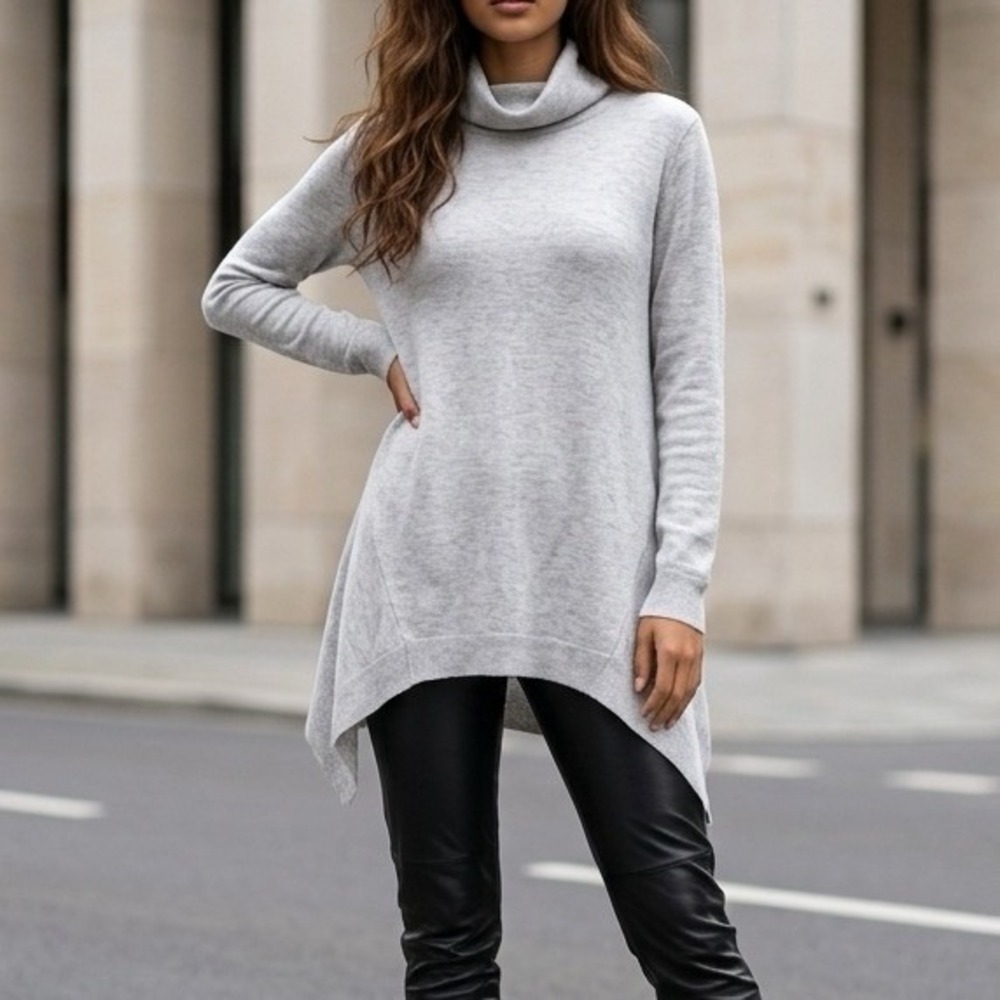 Chico's Turtleneck Sweater Women XL Grey Cashmere Blend Sharkbite Hem Luxury NWT
